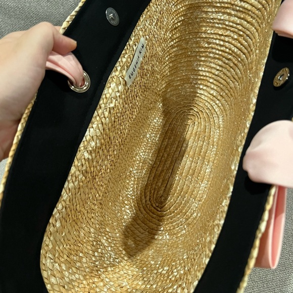 NEW EUGENIA KIM Carlotta Bow embellished Straw Tote In Beige & Pink - Picture 6 of 12